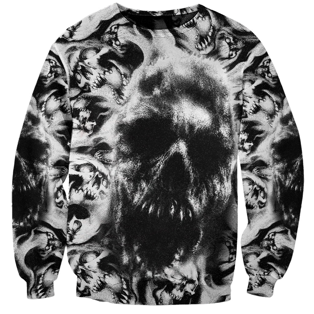 Unisex crewneck sweatshirt with black-and-white skull graphic print, front view