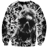 Unisex crewneck sweatshirt with black-and-white skull graphic print, front view
