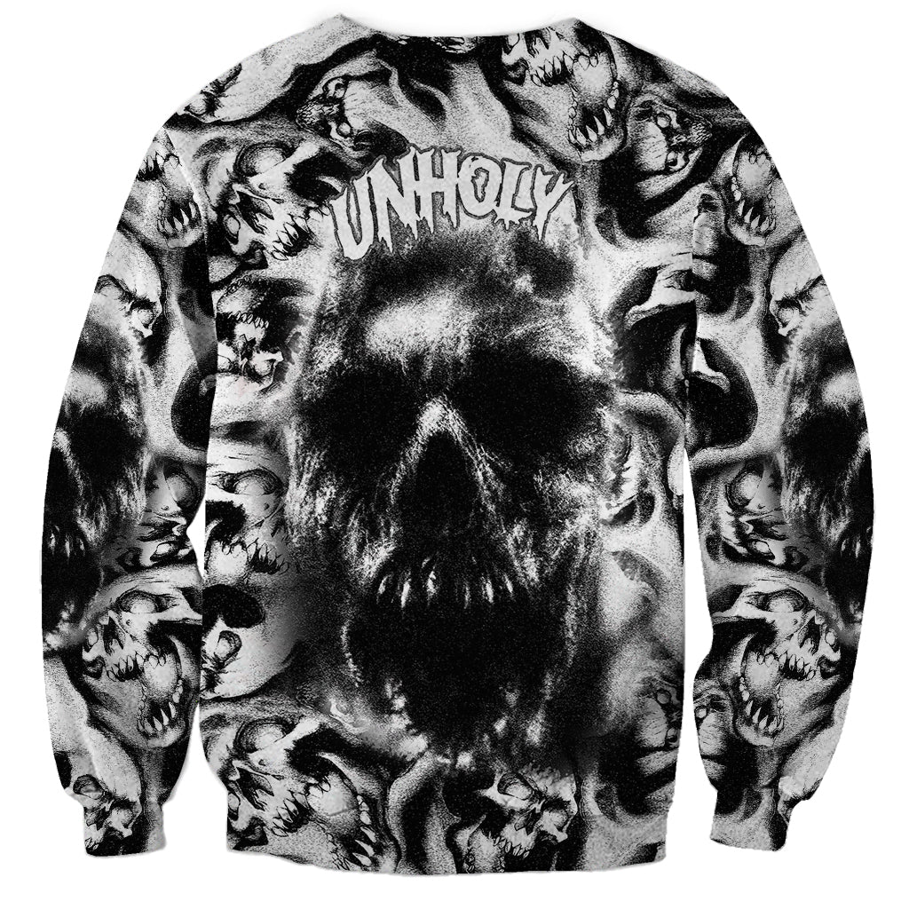 Unisex crewneck sweatshirt with black-and-white skull graphic print