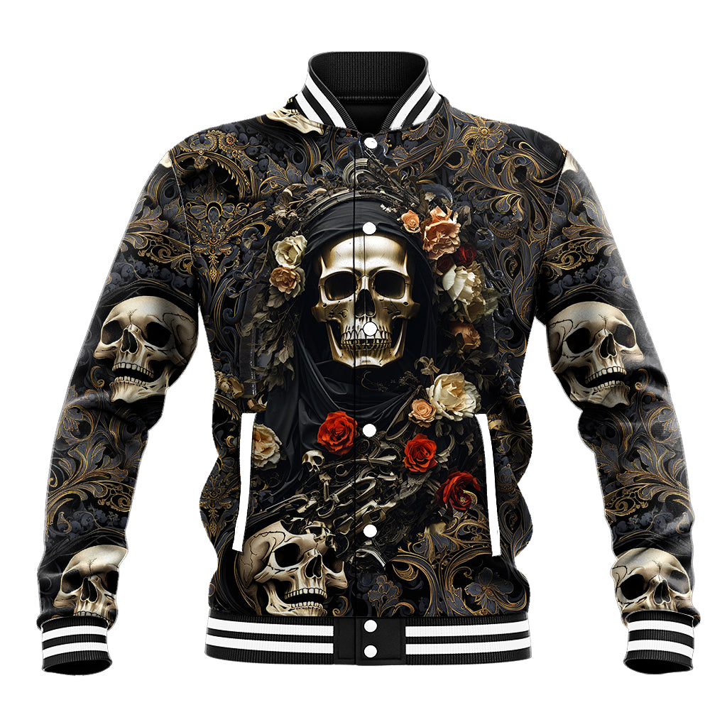 Black baseball jacket with gold skull, roses, and button front; striped ribbed cuffs
