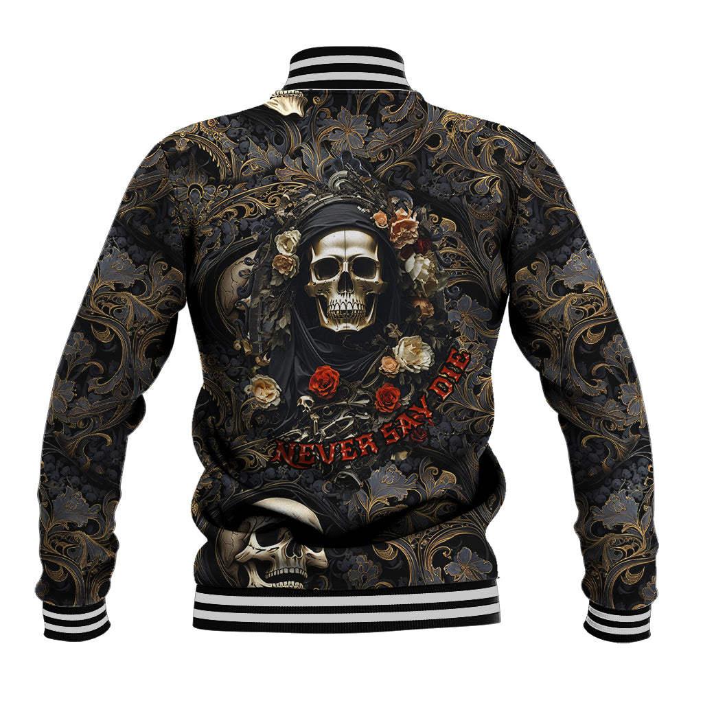 Black baseball jacket with skull-and-rose graphic on back, striped ribbed collar and cuffs