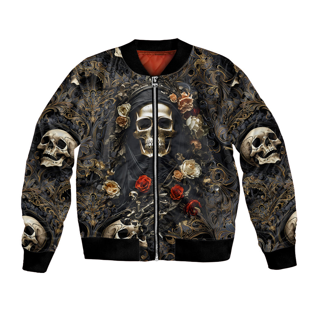 Unisex bomber jacket with zipper front, ornate skull and rose prints on black, sleeve skulls