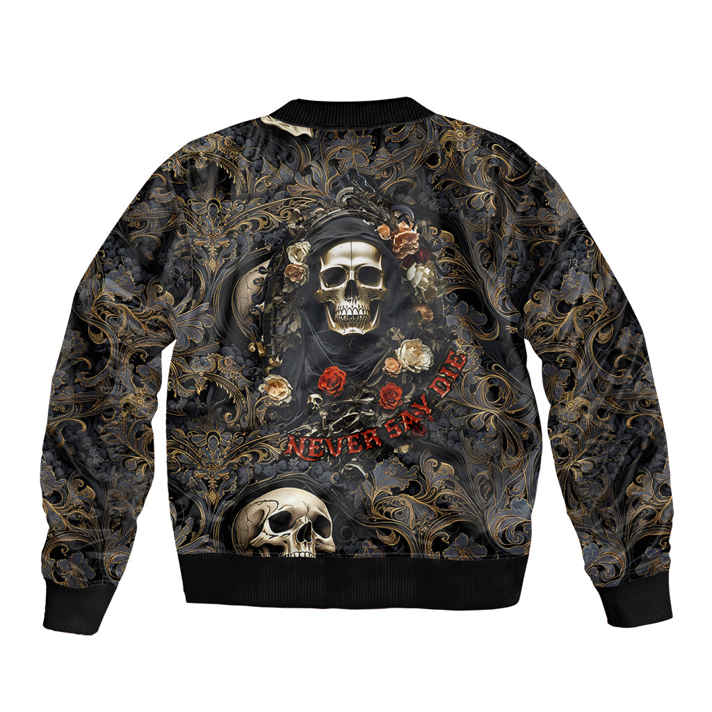 Unisex bomber jacket with ornate skull and roses graphic on black base, ribbed cuffs