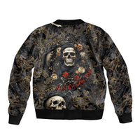 Unisex bomber jacket with ornate skull and roses graphic on black base, ribbed cuffs