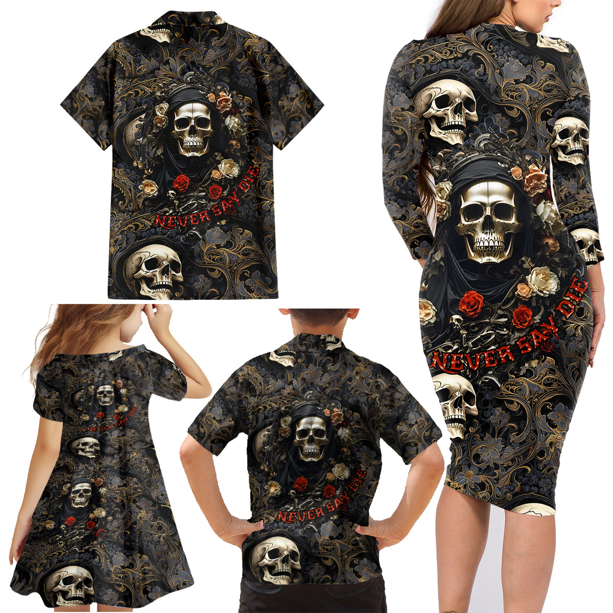 Skull Roses Family Matching Long Sleeve Bodycon Dress and Hawaiian Shirt Never Say Die - Wonder Print Shop