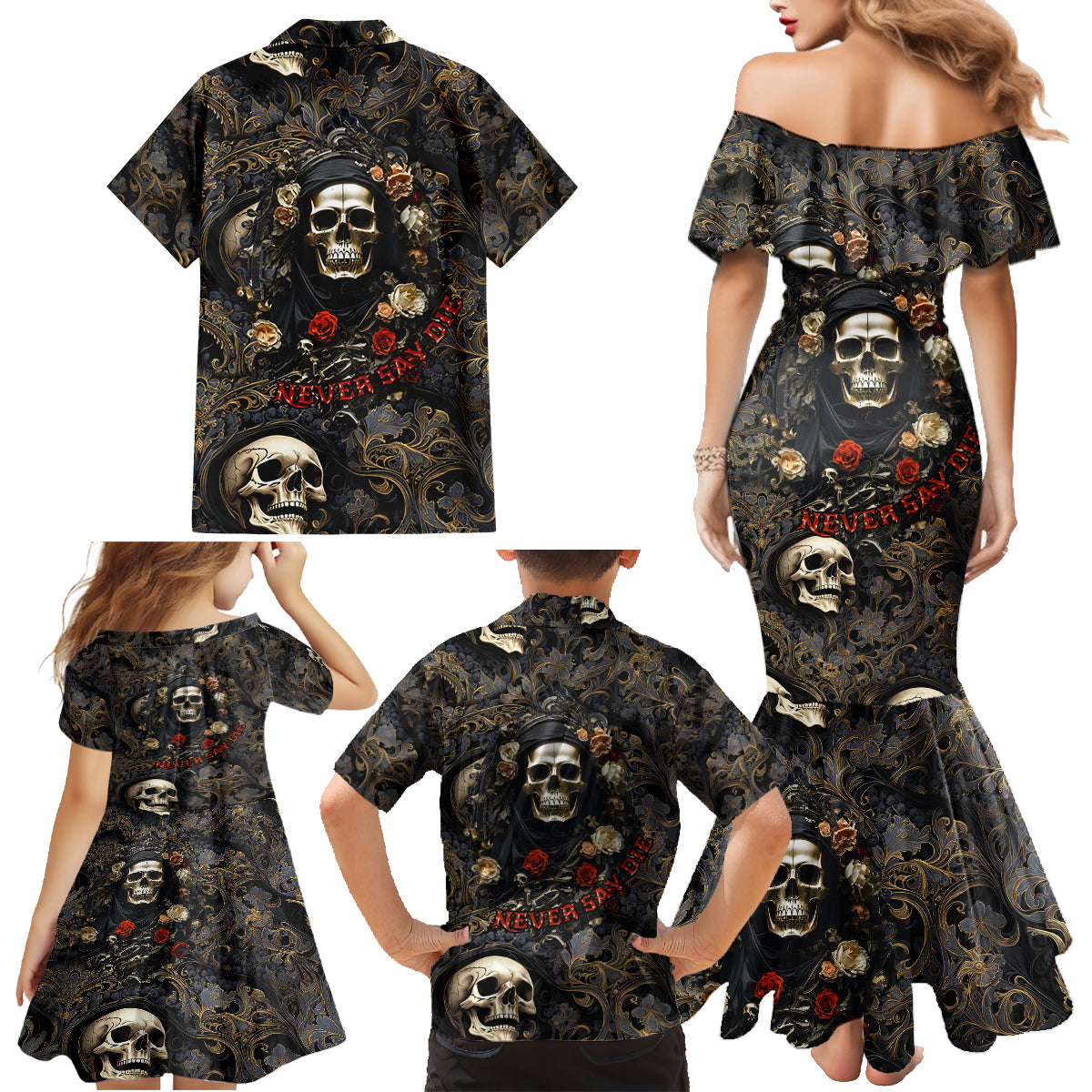 Skull Roses Family Matching Mermaid Dress and Hawaiian Shirt Never Say Die - Wonder Print Shop