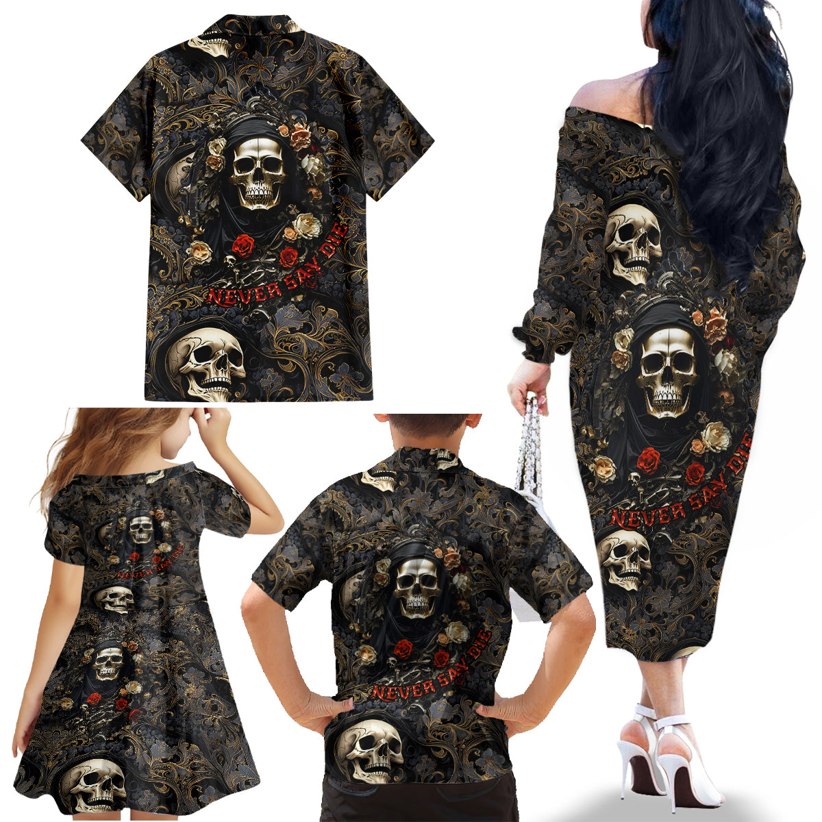 Skull Roses Family Matching Off Shoulder Long Sleeve Dress and Hawaiian Shirt Never Say Die - Wonder Print Shop