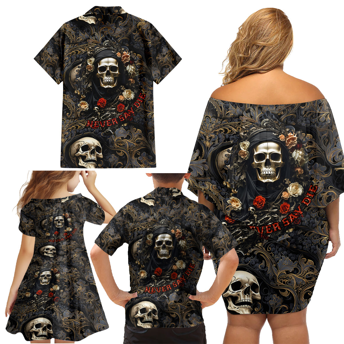 Skull Roses Family Matching Off Shoulder Short Dress and Hawaiian Shirt Never Say Die - Wonder Print Shop