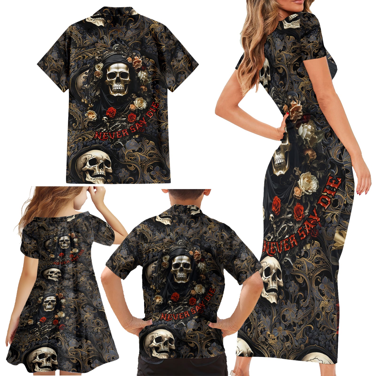 Skull Roses Family Matching Short Sleeve Bodycon Dress and Hawaiian Shirt Never Say Die - Wonder Print Shop