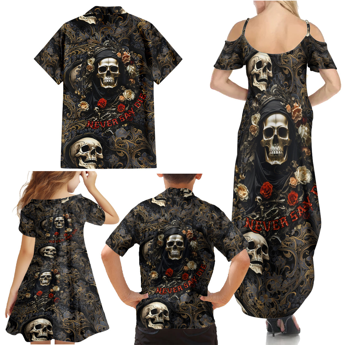 Skull Roses Family Matching Summer Maxi Dress and Hawaiian Shirt Never Say Die - Wonder Print Shop