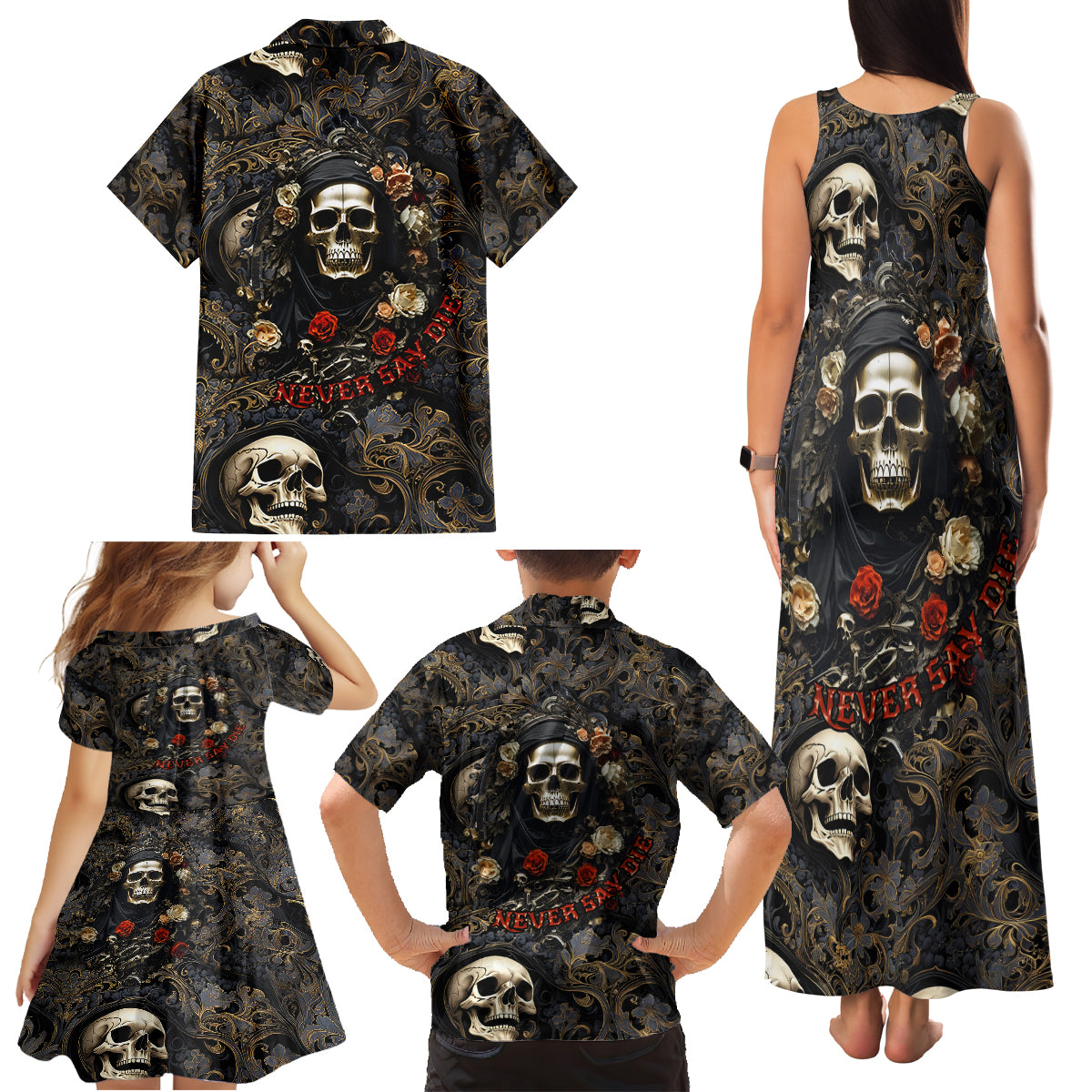 Skull Roses Family Matching Tank Maxi Dress and Hawaiian Shirt Never Say Die - Wonder Print Shop