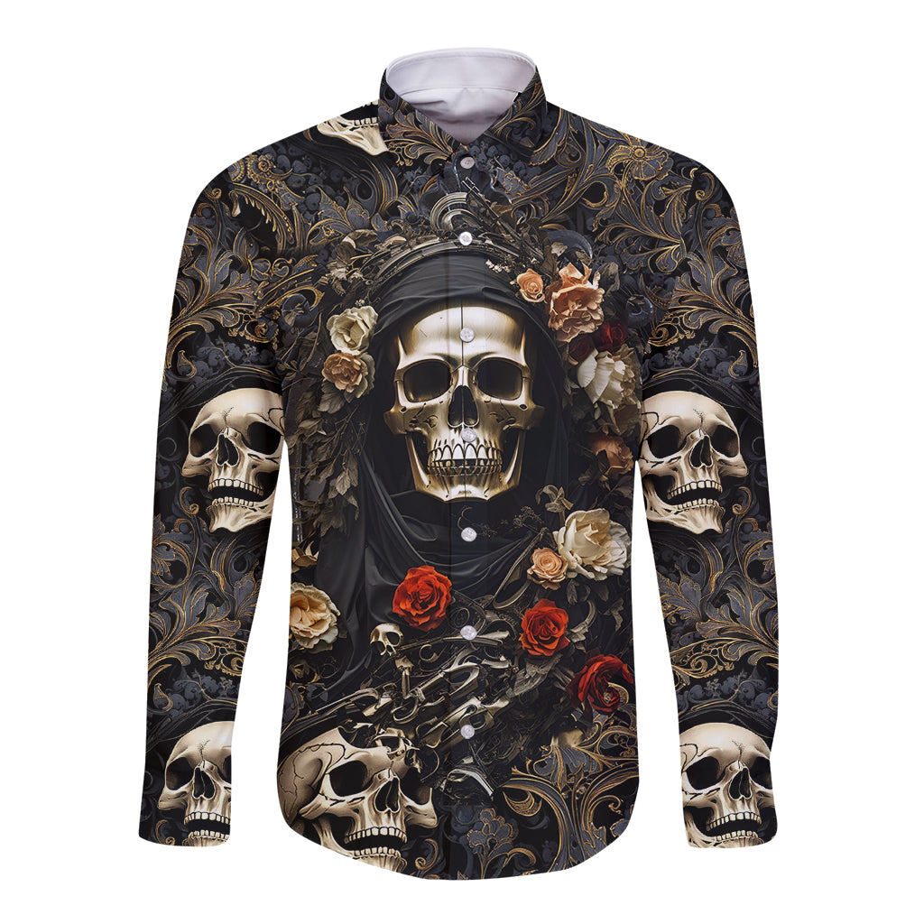 Long-sleeve button shirt with skulls and roses, dark multicolor button front, full print