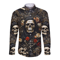 Long-sleeve button shirt with skulls and roses, dark multicolor button front, full print