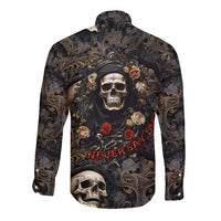 Long-sleeve button shirt with central skull and roses, dark multicolor button front