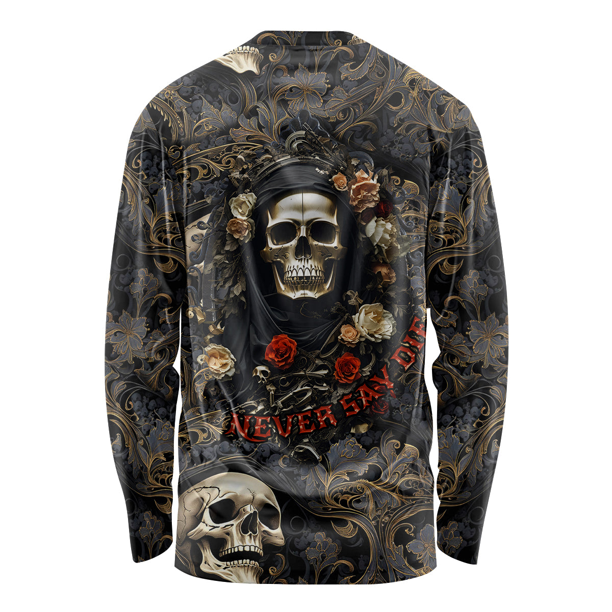 Multicolor long-sleeve shirt with skull, roses, and “Never Say Die” graphic, back view