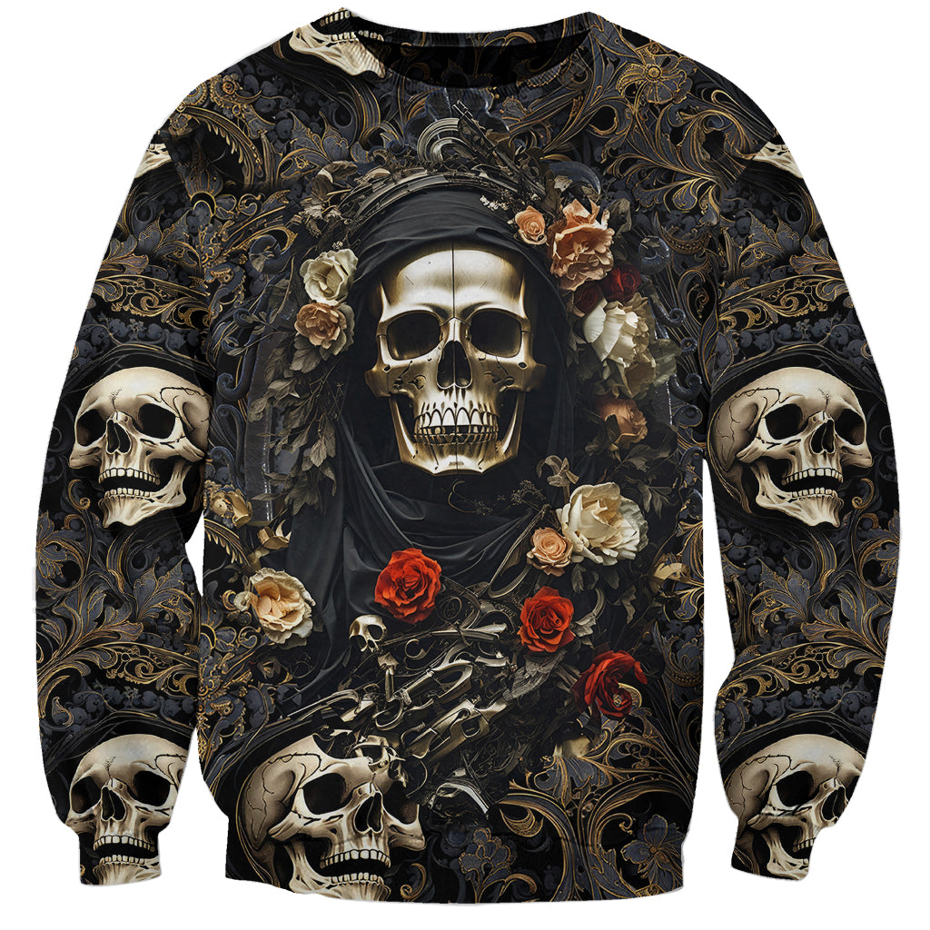 Unisex black sweatshirt with central skull portrait, roses, and skulls on sleeves