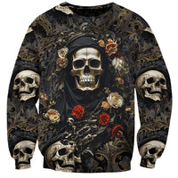 Unisex black sweatshirt with central skull portrait, roses, and skulls on sleeves