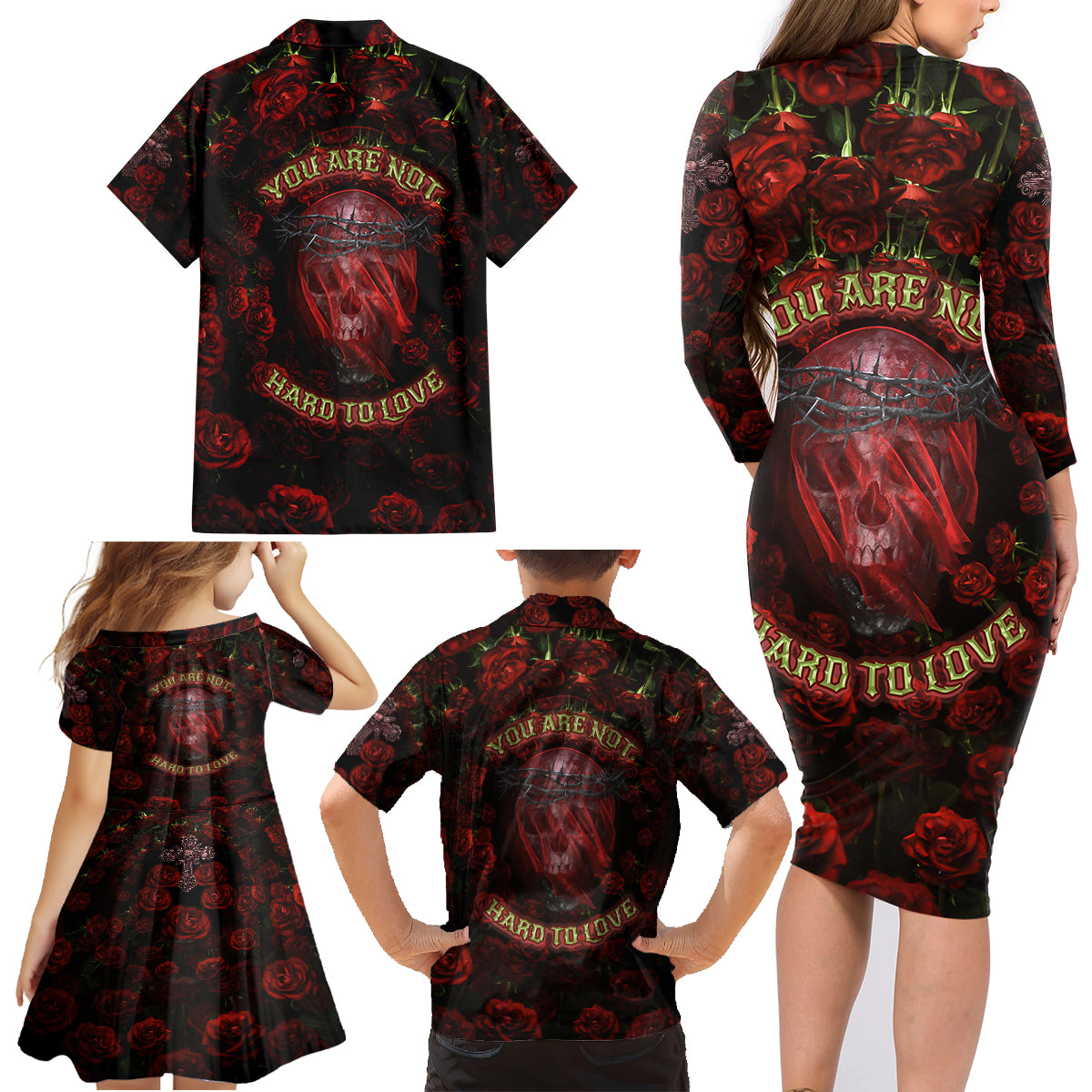 Skull Roses Family Matching Long Sleeve Bodycon Dress and Hawaiian Shirt You Are Not Hard To Love - Wonder Print Shop