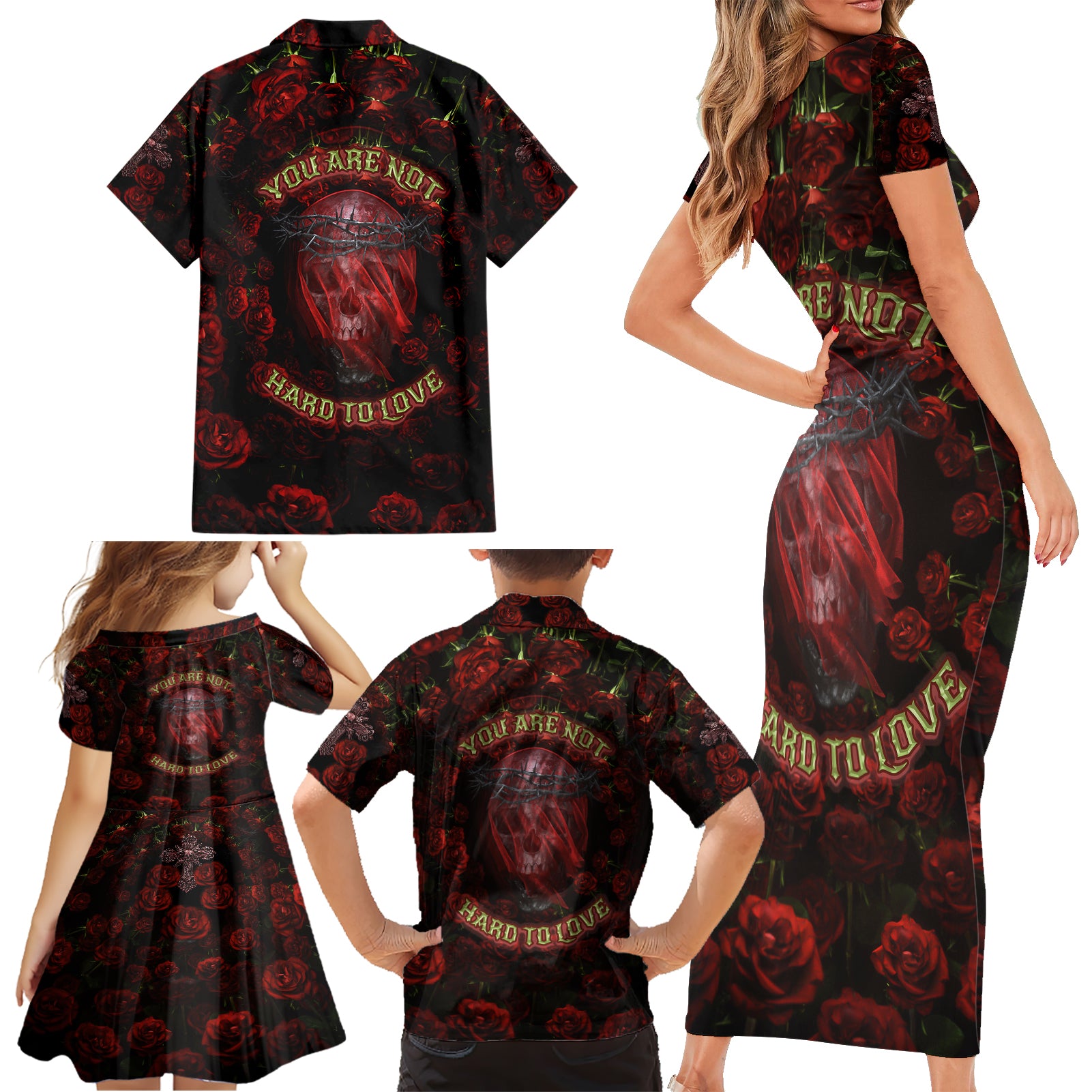 Skull Roses Family Matching Short Sleeve Bodycon Dress and Hawaiian Shirt You Are Not Hard To Love - Wonder Print Shop