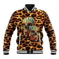 Leopard-print baseball jacket with front skull graphic, button placket, striped cuffs