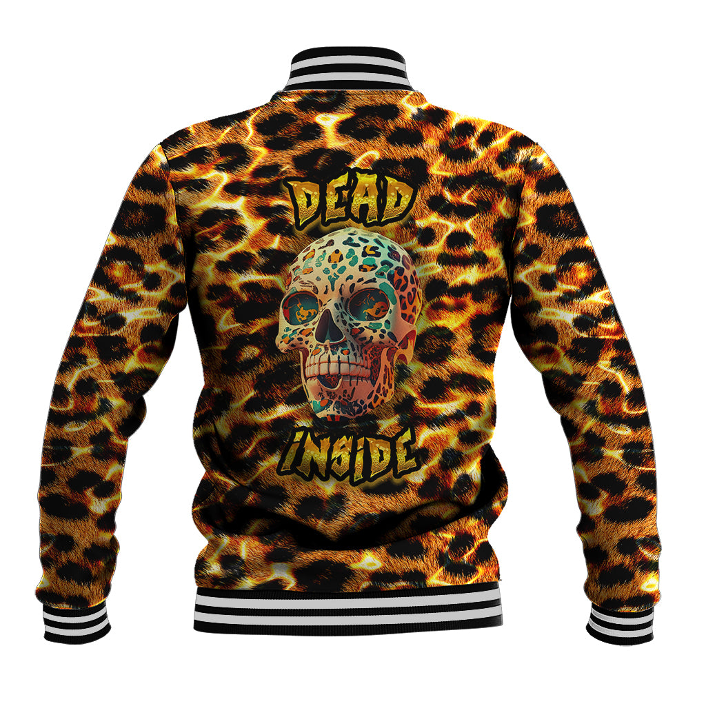 Leopard-print baseball jacket with skull graphic and 'Dead Inside' back print