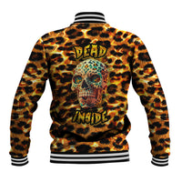 Leopard-print baseball jacket with skull graphic and 'Dead Inside' back print