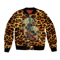 Leopard-print bomber jacket with skull graphic and front zipper, ribbed trim