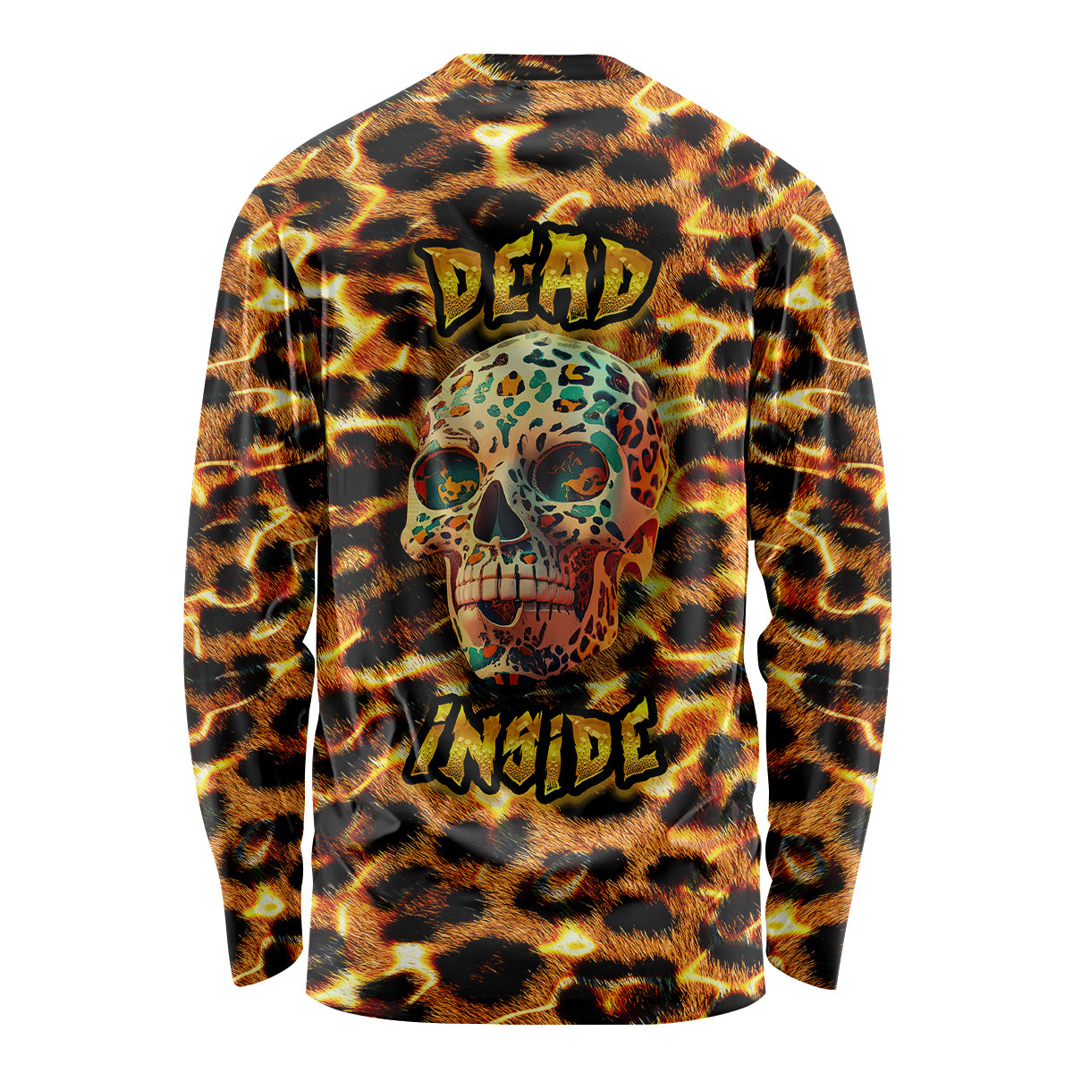 Unisex long sleeve shirt with leopard print skull graphic, black and yellow.