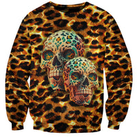 Leopard-print sweatshirt with two skull graphics and yellow text, long sleeves