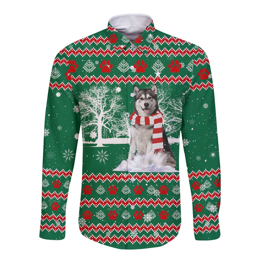 Alaskan Malamute Winter Tree Christmas Long Sleeve Button Shirt Xmas Holiday Patterns - Wonder Print Shop