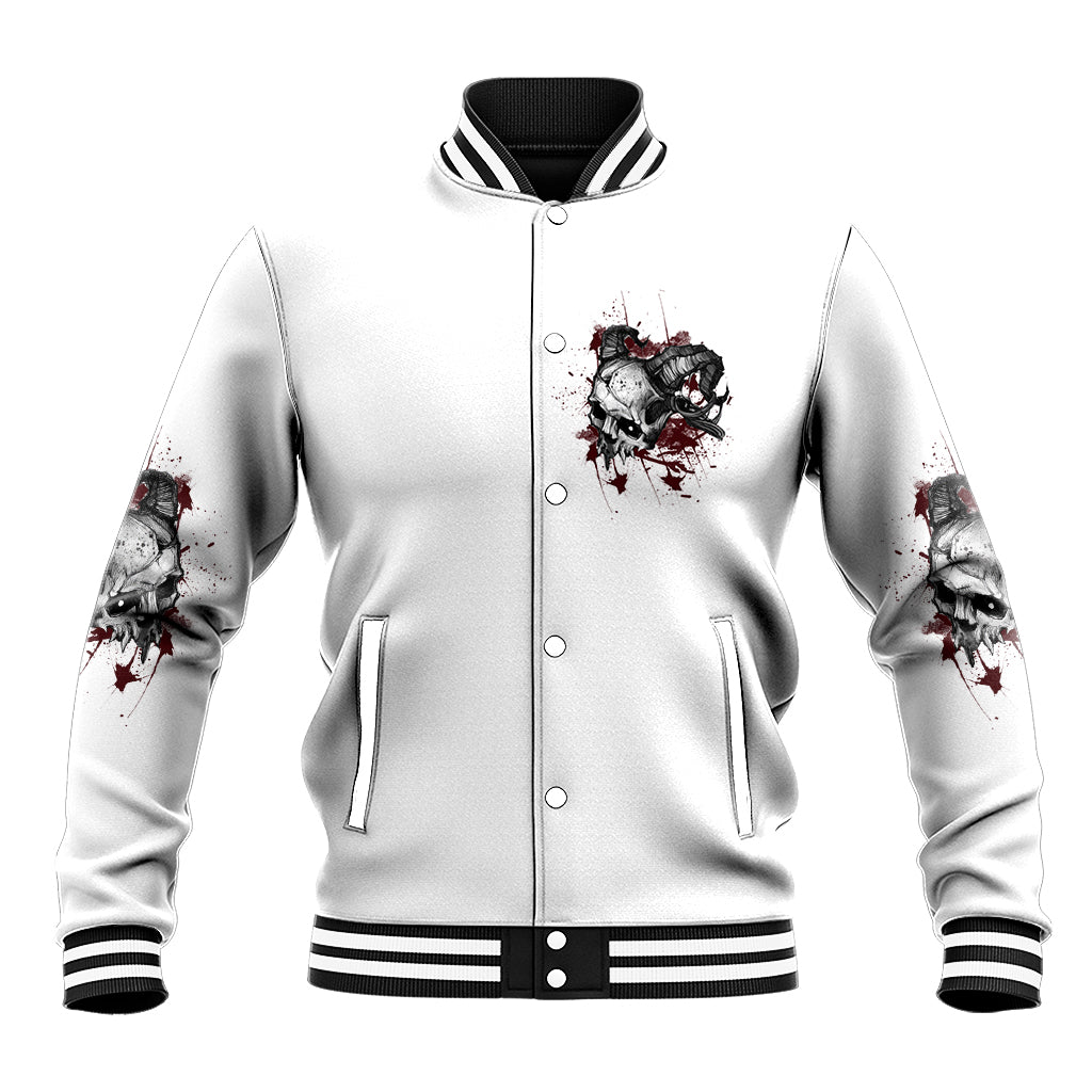 Unisex white varsity jacket with snap buttons, striped ribbed trim, chest horror graphic