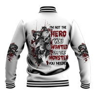 Unisex white baseball jacket with striped ribbed collar and back graphic text