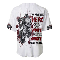 White baseball jersey with bold back graphic and splatter-style text, short sleeves