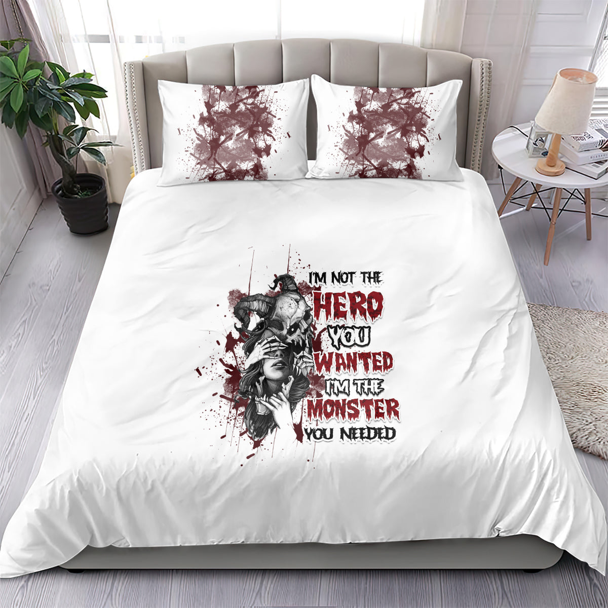 White bedding set with dark monster hero character graphic on duvet and 2 pillowcases