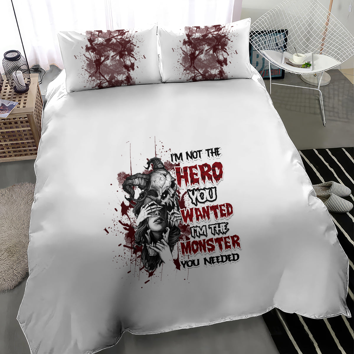 White bedding set with dark character collage and quote graphic on duvet and pillows