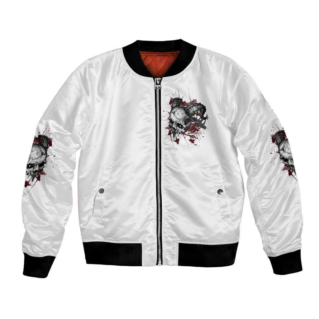 Unisex white bomber jacket with front zipper, chest graphic and sleeve prints, ribbed black cuffs