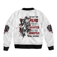 Unisex white bomber jacket with multicolor back graphic, ribbed black collar and cuffs