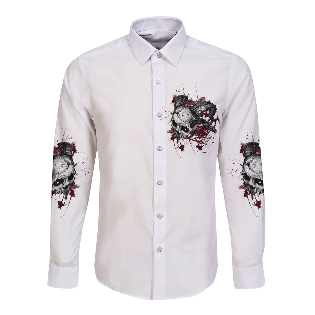 Long-sleeve button shirt, white, chest graphic with matching red/black sleeve prints.