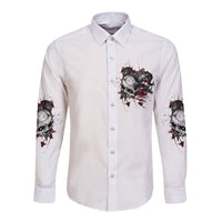Long-sleeve button shirt, white, chest graphic with matching red/black sleeve prints.