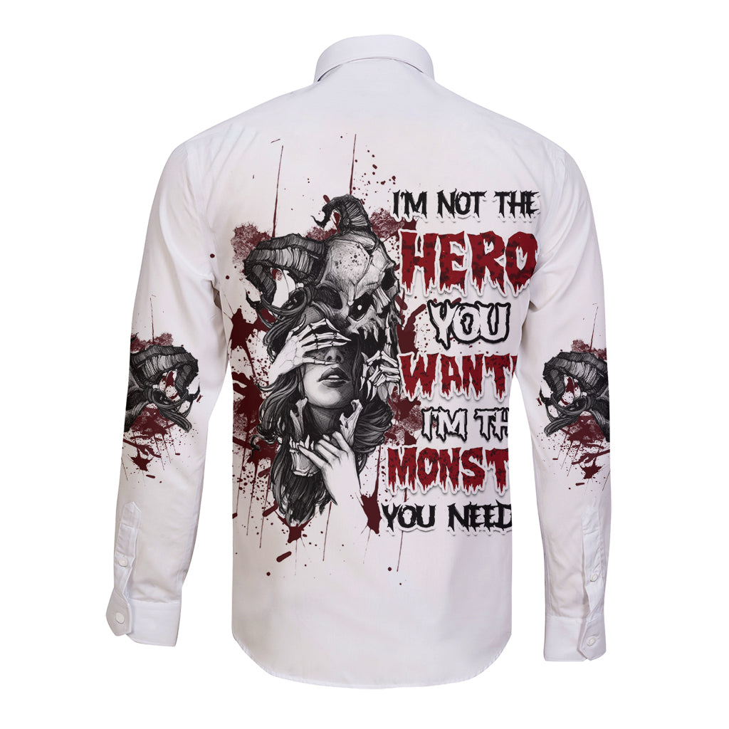 Long-sleeve button shirt, white, large back graphic with red/black splatter.
