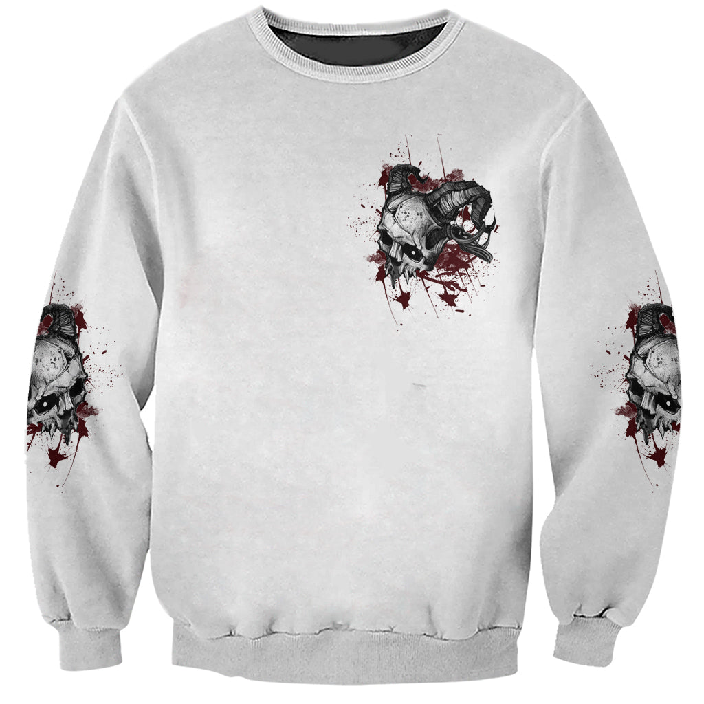 Unisex gray sweatshirt with centered red/black monster face and small sleeve prints
