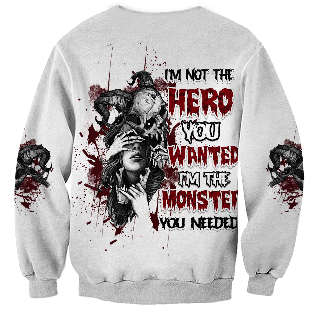 Unisex gray sweatshirt with large red and black monster graphic text on back
