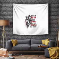 Multicolor warrior slogan tapestry hanging on white fabric with central graphic