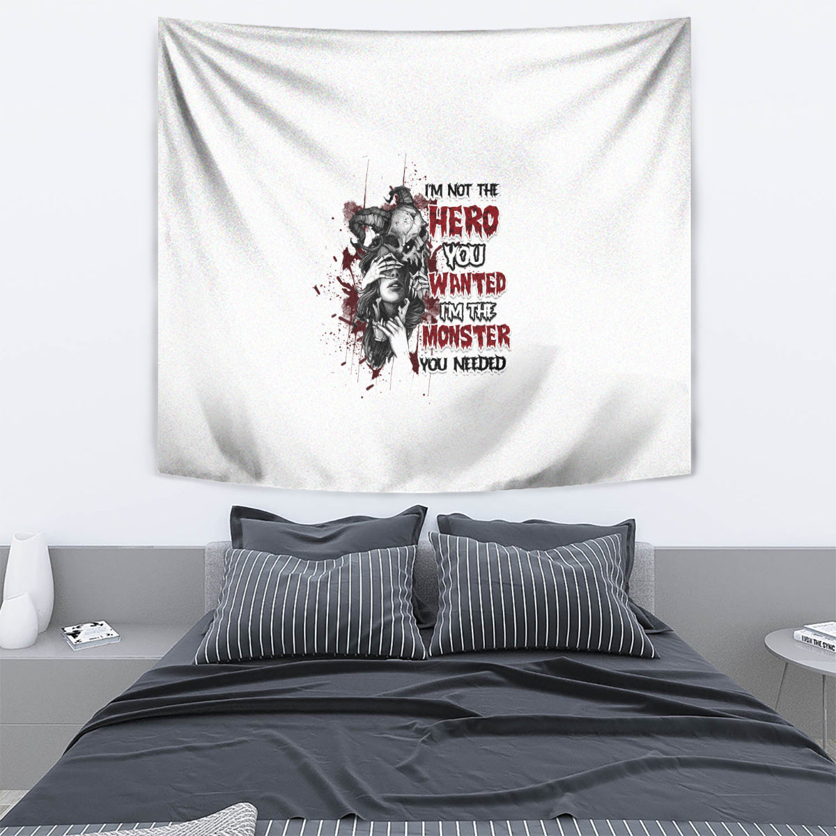 Multicolor warrior slogan print tapestry on white fabric background
