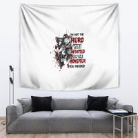 Multicolor warrior slogan tapestry with bold text and character art on white fabric