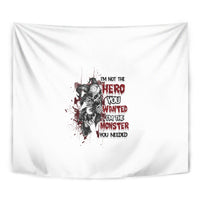 Multicolor warrior and slogan graphic tapestry on white fabric background