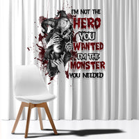 White window curtain with red and black graphic text panel