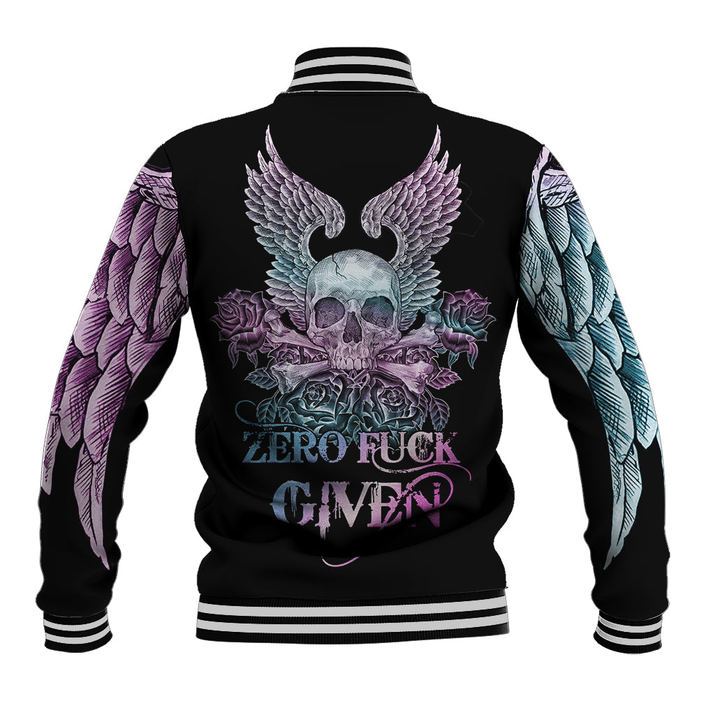 Black baseball jacket with skull and winged roses graphic on back, striped ribbed hem and cuffs
