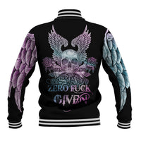 Black baseball jacket with skull and winged roses graphic on back, striped ribbed hem and cuffs
