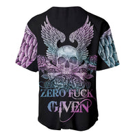 Black baseball jersey with multicolor skull-and-wings rose graphic, button front